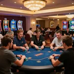 Players strategizing at RIK VIP poker table, vibrant gaming atmosphere.