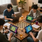 Tai Xiu online gaming session in a cozy living room, showcasing modern players engaged in strategic action.