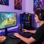 Engaging scene of a player immersed in online porn games at a colorful gaming setup with snacks and vibrant lighting.