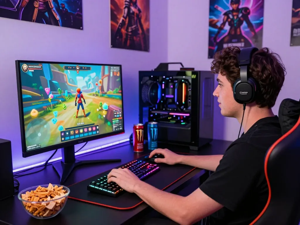Engaging scene of a player immersed in online porn games at a colorful gaming setup with snacks and vibrant lighting.