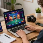 Experience excitement at PHPVIP casino while playing strategies on a laptop and smartphone in a cozy home.