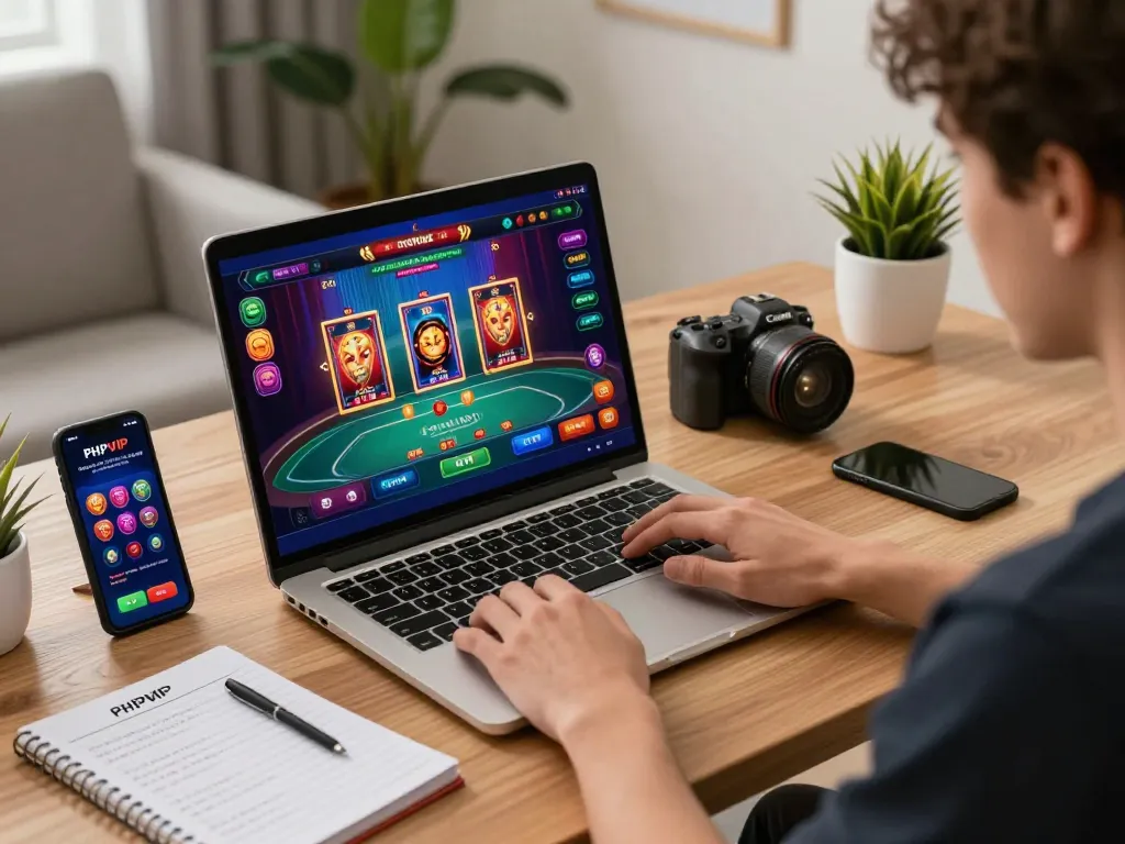 Experience excitement at PHPVIP casino while playing strategies on a laptop and smartphone in a cozy home.