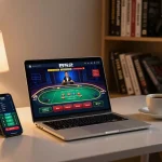 Engaged player using the B52 casino app for online gambling at home, emphasizing responsible gaming practices.