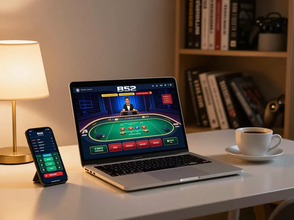 Engaged player using the B52 casino app for online gambling at home, emphasizing responsible gaming practices.