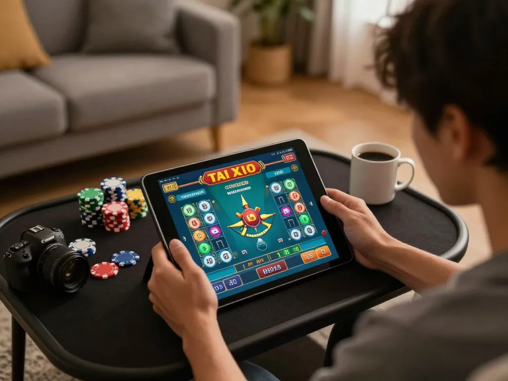 Tai xiu online gaming session at home with a player using a tablet, displaying colorful chips and a cozy atmosphere.