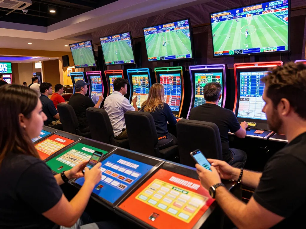Soi keo action in a modern casino sports betting area with enthusiastic bettors analyzing odds.