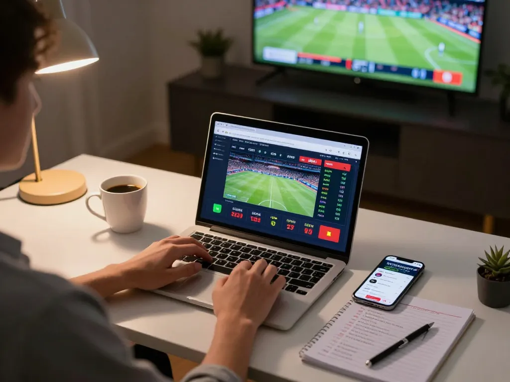 Engaged user placing bets on Nowgoal's platform from a home office, capturing strategic sports betting atmosphere.