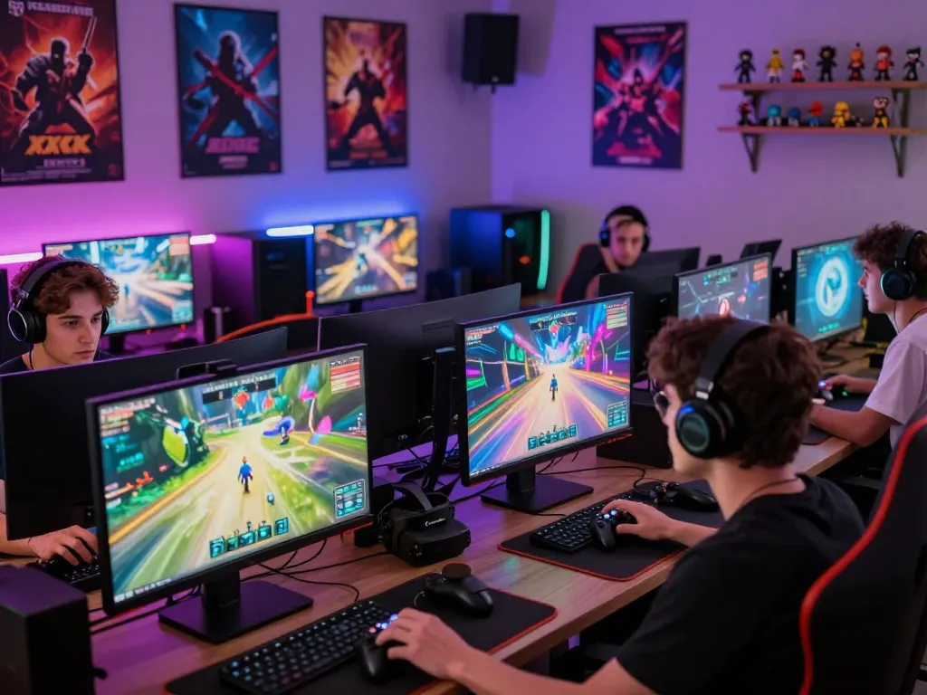Engaged players enjoying exciting xxx games on modern gaming setups.