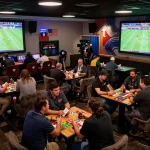 Excited bettors engaging in strategic sports betting at premier lounge, showcasing soi keo