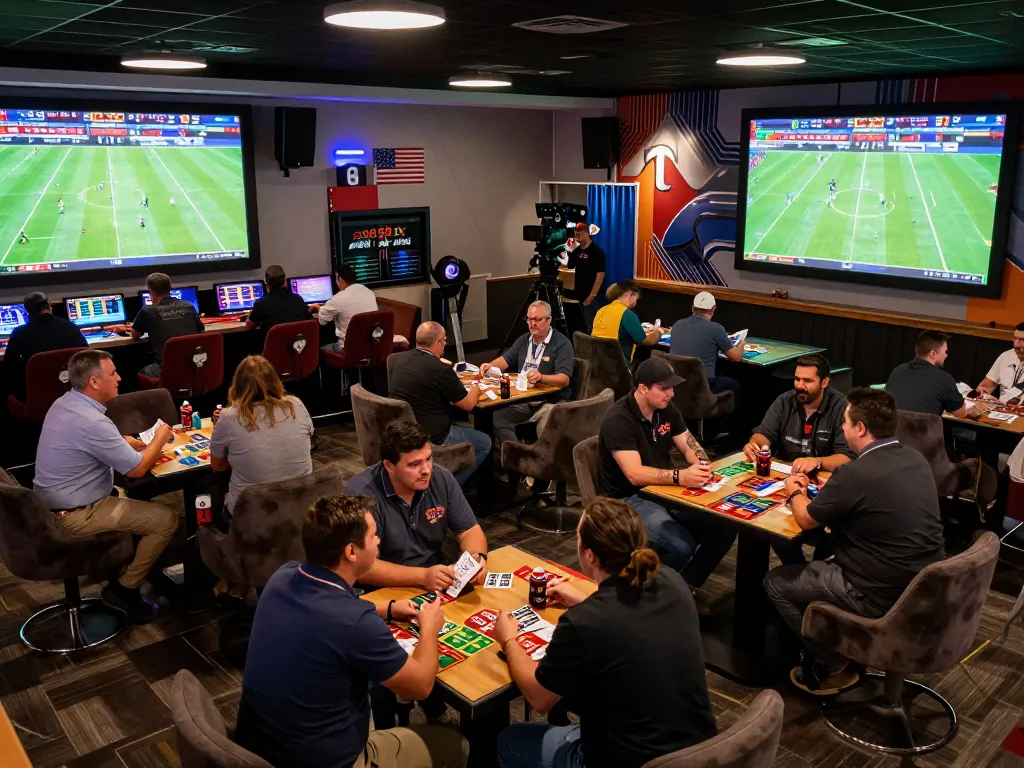 Excited bettors engaging in strategic sports betting at premier lounge, showcasing soi keo