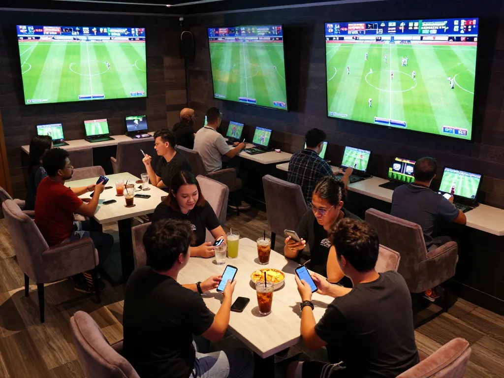 Experience the excitement of live sports betting with Nowgoal app on smartphones in lively lounge