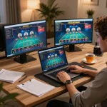 Engaging in online gambling at https://va88.now/ with a modern home setup and live dealer games.