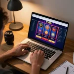 Engaging player exploring F168’s online casino platform on a laptop in a cozy home setting.