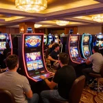 Các người chơi tận hưởng máy đánh bạc theo chủ đề LUCK8 trong một môi trường casino lấp lánh, thể hiện sự phấn khích và sang trọng.