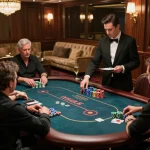 Players engaged in high-stakes poker at an upscale God55 casino, showcasing excitement and luxury.