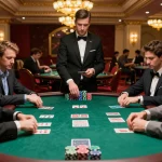 kp88 players strategizing at a high-stakes poker table with chips and cards.