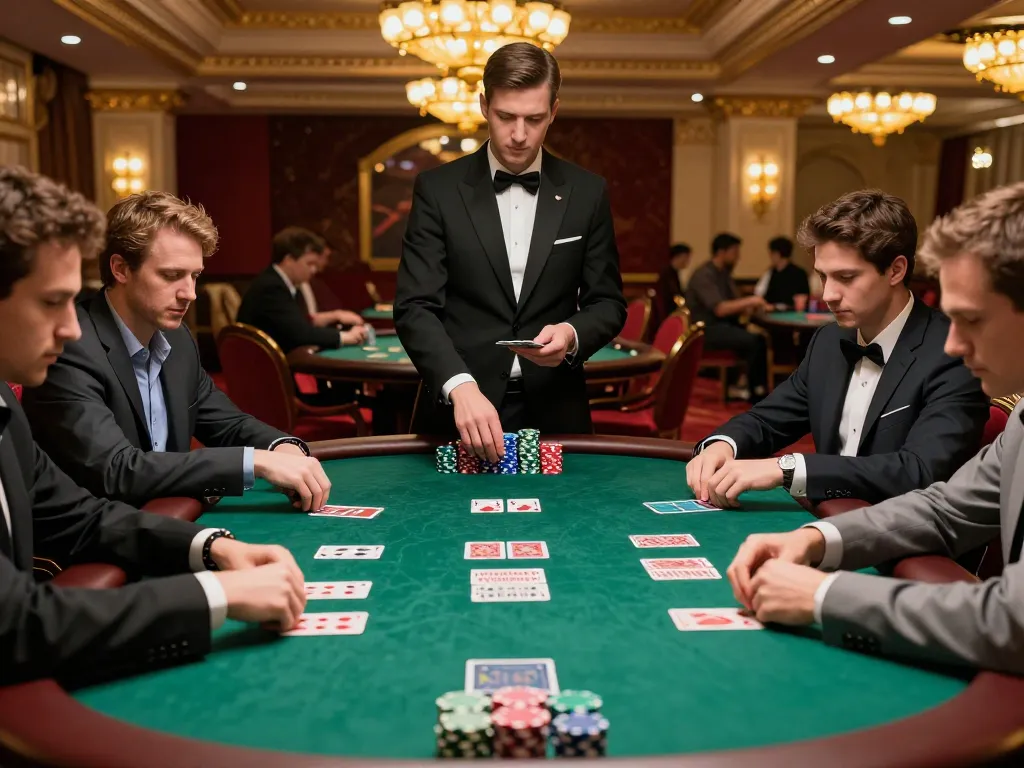 kp88 players strategizing at a high-stakes poker table with chips and cards.