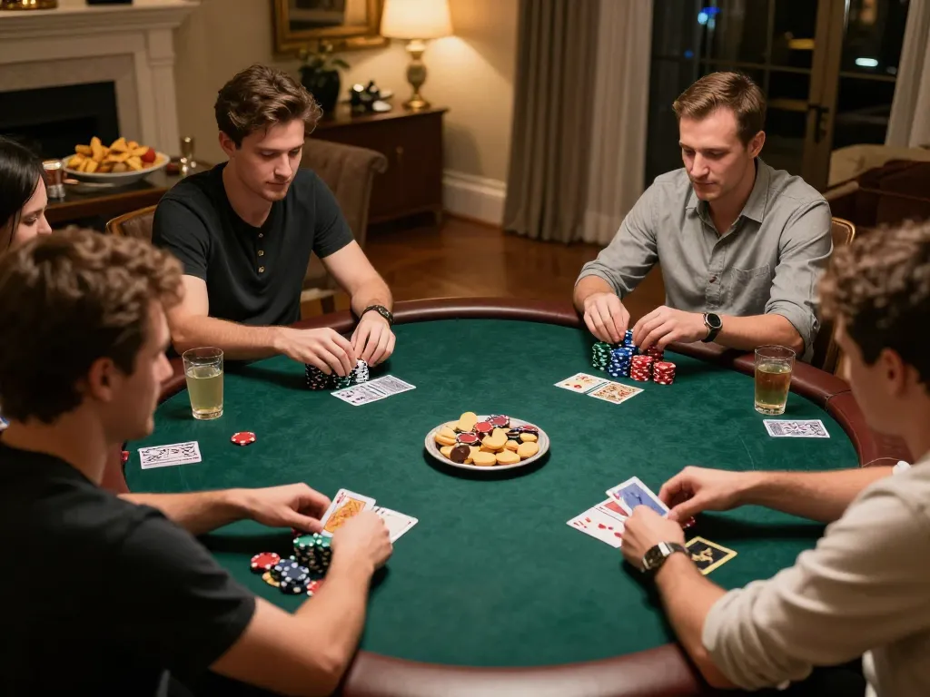 Sbobet11 players enjoying a strategic poker night at home, surrounded by snacks and drinks, capturing the essence of social gambling.