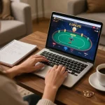 Enjoying online poker on okwin68 with cozy home setup and strategy notebook.