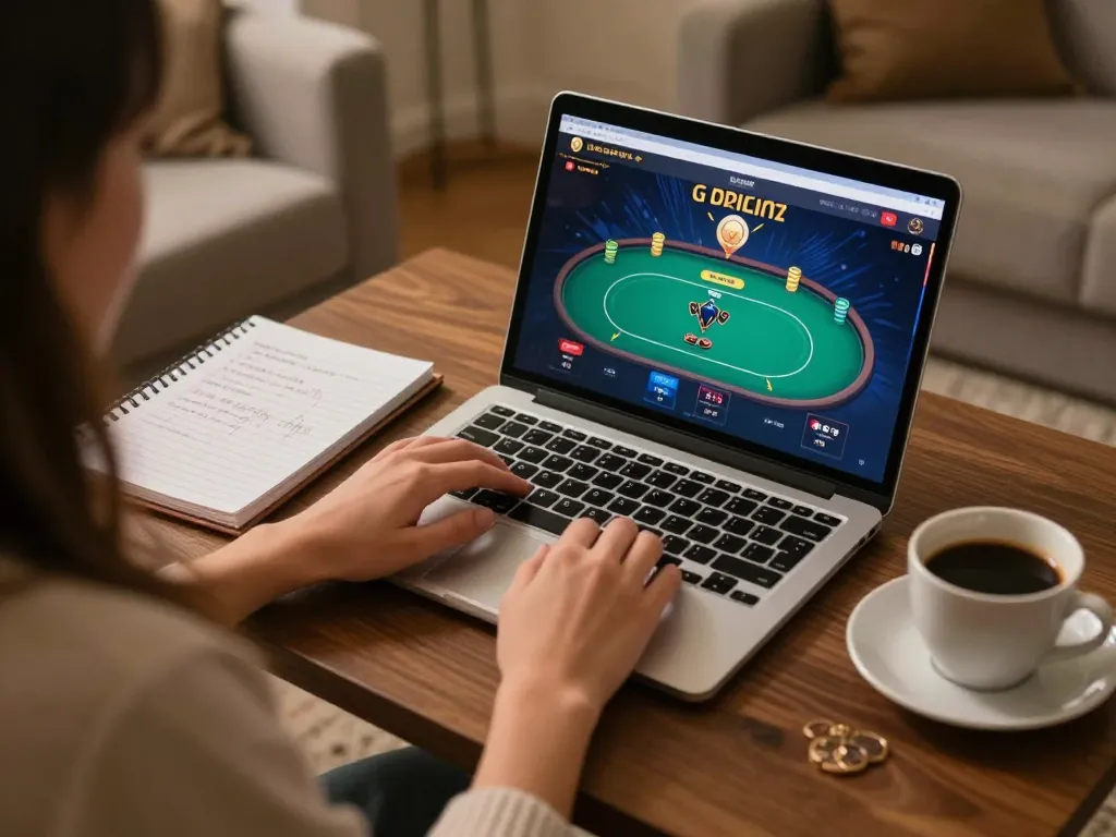Enjoying online poker on okwin68 with cozy home setup and strategy notebook.