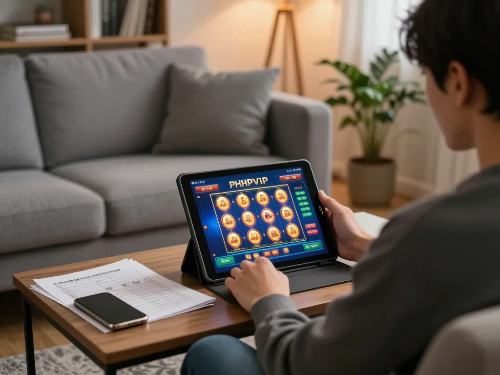 Engaged player enjoying PHPVIP slots on tablet in a cozy living room.