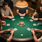 A group engaged in a thrilling poker game at home, showcasing strategy and excitement in 789club.