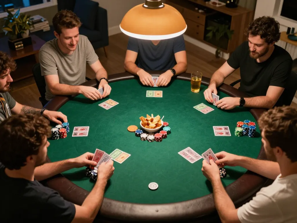 A group engaged in a thrilling poker game at home, showcasing strategy and excitement in 789club.