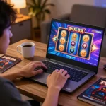 Engaging in slot pulsa gaming from home with colorful slot reels visible on the screen