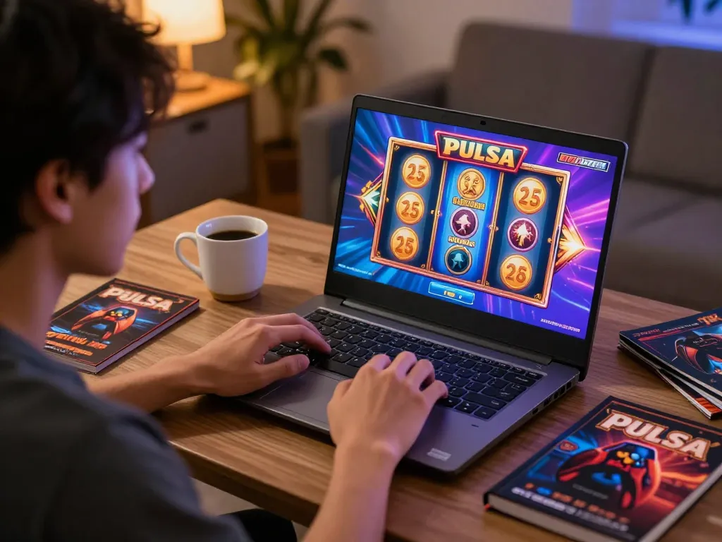 Engaging in slot pulsa gaming from home with colorful slot reels visible on the screen