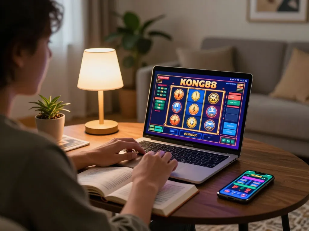KONG88 player engaging with online slots on a laptop in a cozy home setting