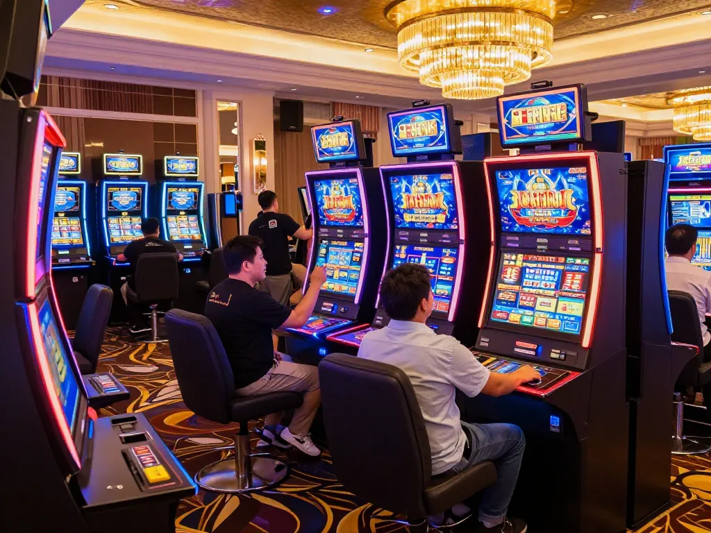Players enjoying thrilling games at bl555 online casino with vibrant slot machines.