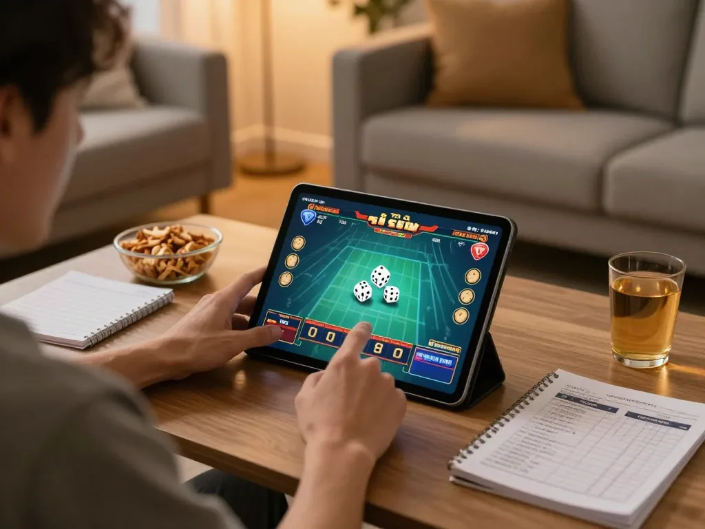 Engaging gameplay of game tài xỉu on a tablet, showcasing dice rolling with immersive home atmosphere.