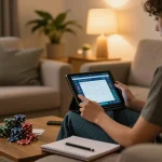 Engaging in online poker gameplay on a tablet, highlighting responsible gambling with 789 strategies visible in notes.