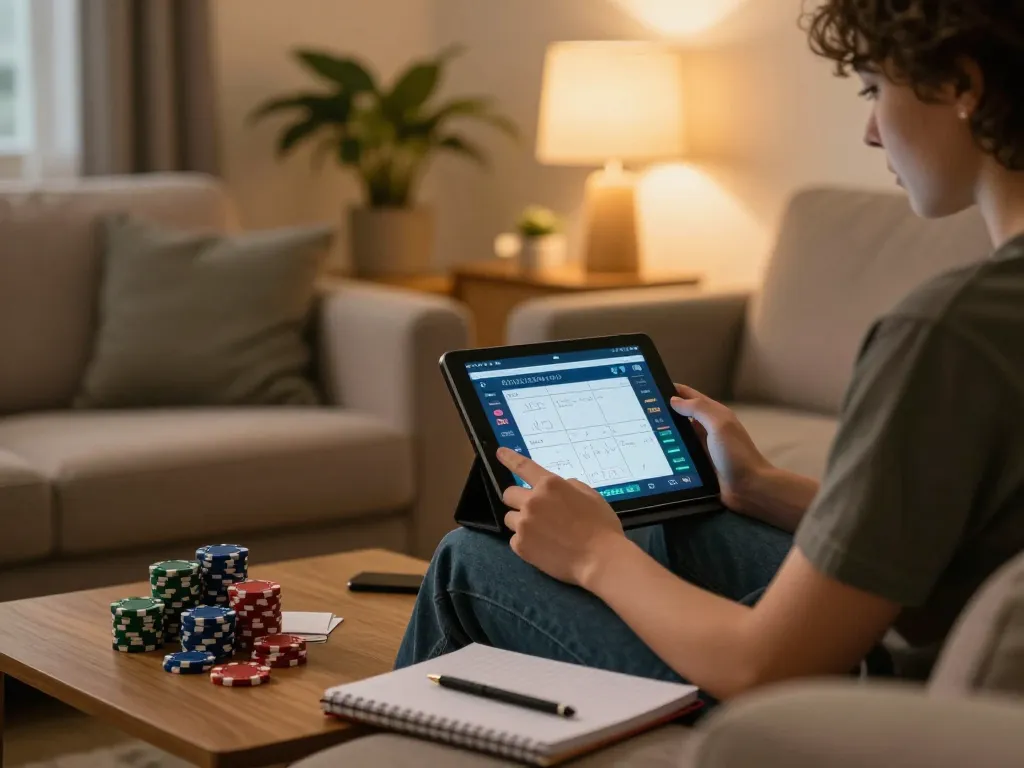Engaging in online poker gameplay on a tablet, highlighting responsible gambling with 789 strategies visible in notes.