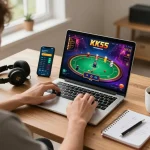 Engaging gameplay of KK55 Game on a laptop, showing immersive online poker action in a stylish home office.