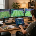 Engaging sports betting setup featuring sunwin on laptop, comfortable home office ambiance with warm lighting.