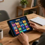 Engaging user exploring OKFUN casino interface on a tablet, cozy gaming atmosphere with strategy notes.