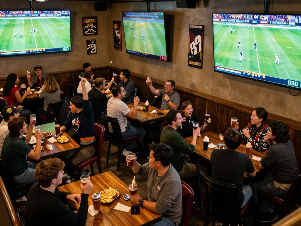 Fans excitedly watching football matches at CAKHIATV sports bar, engaging with live betting strategies