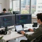 Engineer's workspace featuring hbet coding environment with monitors, gadgets, and city view.