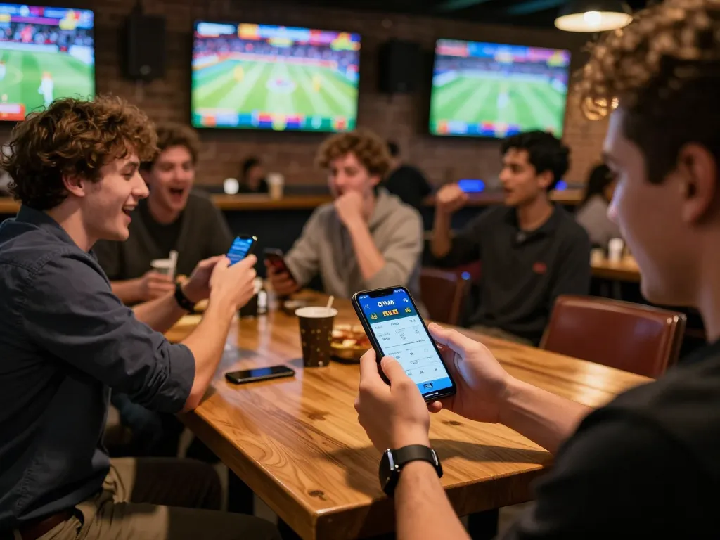 Betting on sports through OKFUN app in a lively bar atmosphere full of cheer.