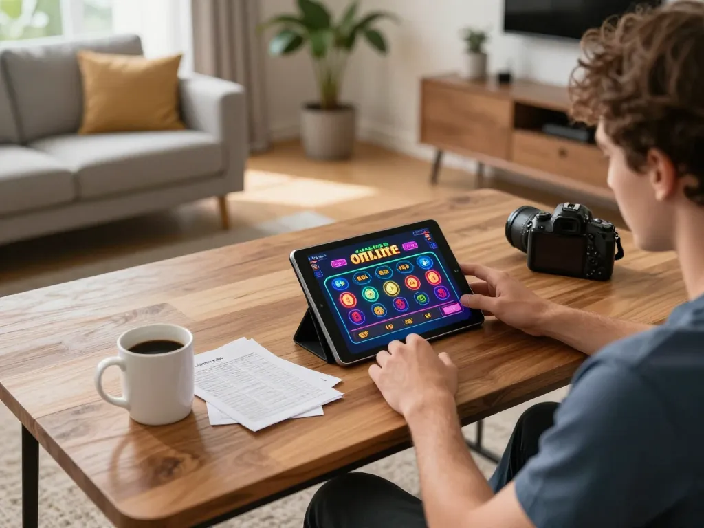 Player enjoying O8 online games on a tablet in stylish home setting