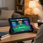 Player engaging with SC88 online casino app on tablet, showcasing strategic gameplay in a cozy home environment.