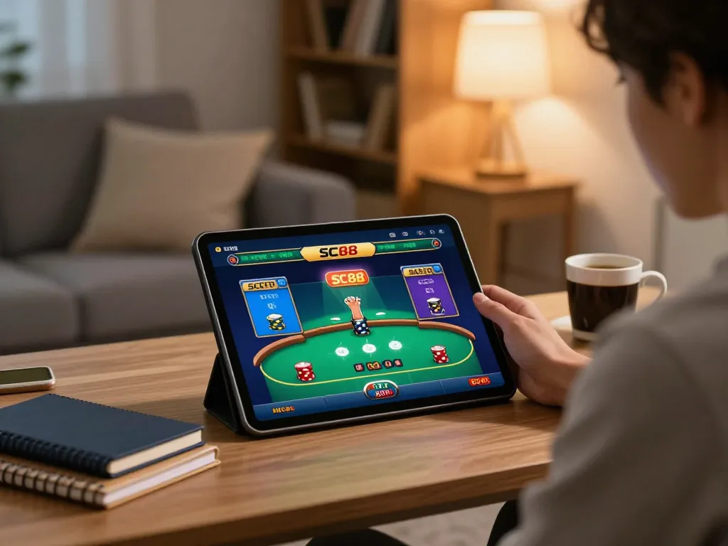 Player engaging with SC88 online casino app on tablet, showcasing strategic gameplay in a cozy home environment.