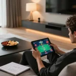 bl555 user enjoying poker on tablet in a warm, cozy home setting with snacks