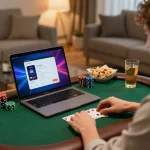 Player engaging in a thrilling poker game on Fabet's online platform from a cozy home setup.