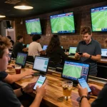 Exciting sports betting scene at a lively bar, showcasing trang cá cược bóng đá with friends placing bets on football matches.