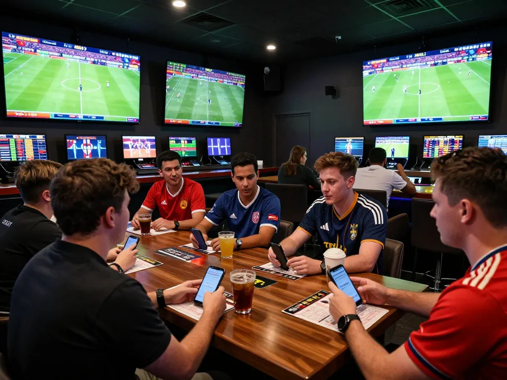 Fans engaging in sports betting, analyzing ty le bong da odds on smartphones with excitement in a vibrant lounge environment.