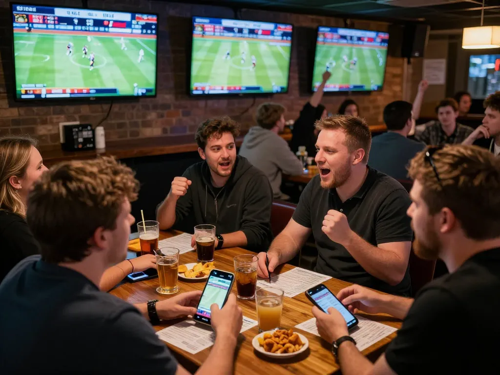 Engaged sports fans using kqbd for live betting in a lively bar setting.