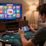Engaged player enjoying 789club gaming experience in a cozy home setting with vibrant casino elements.