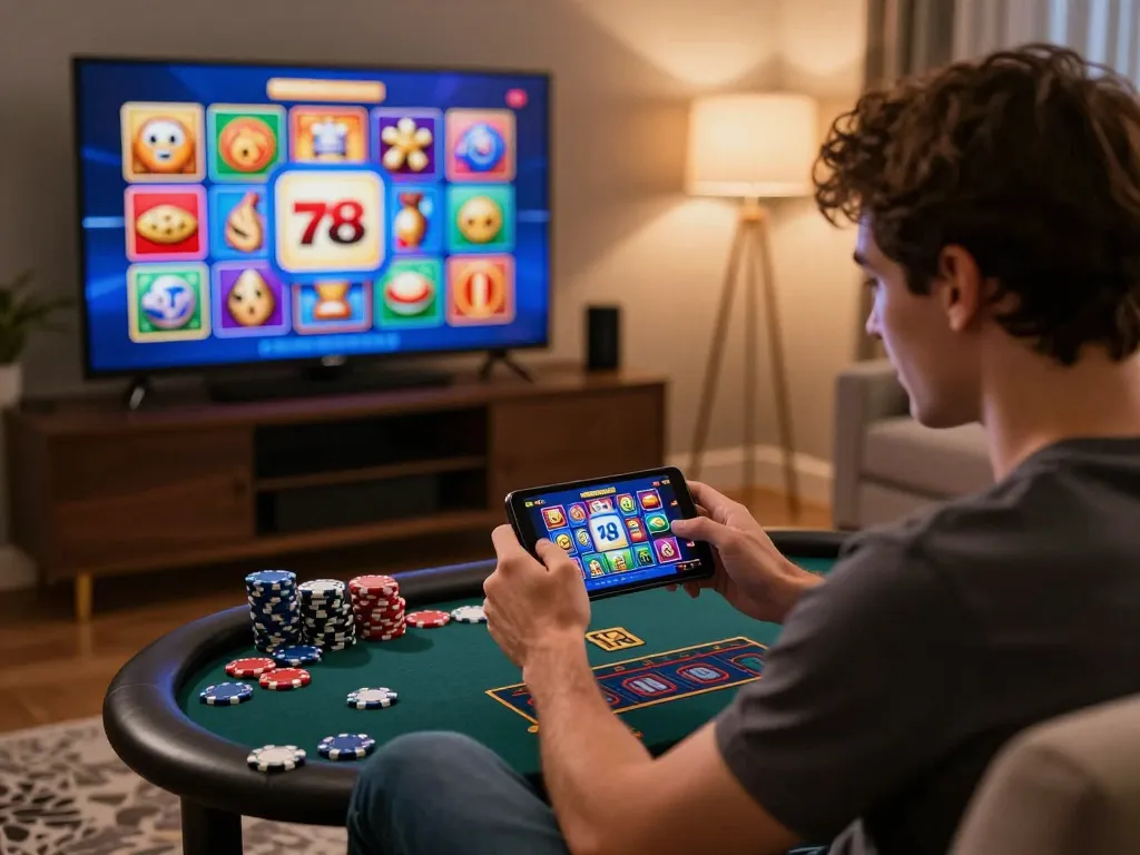 Engaged player enjoying 789club gaming experience in a cozy home setting with vibrant casino elements.